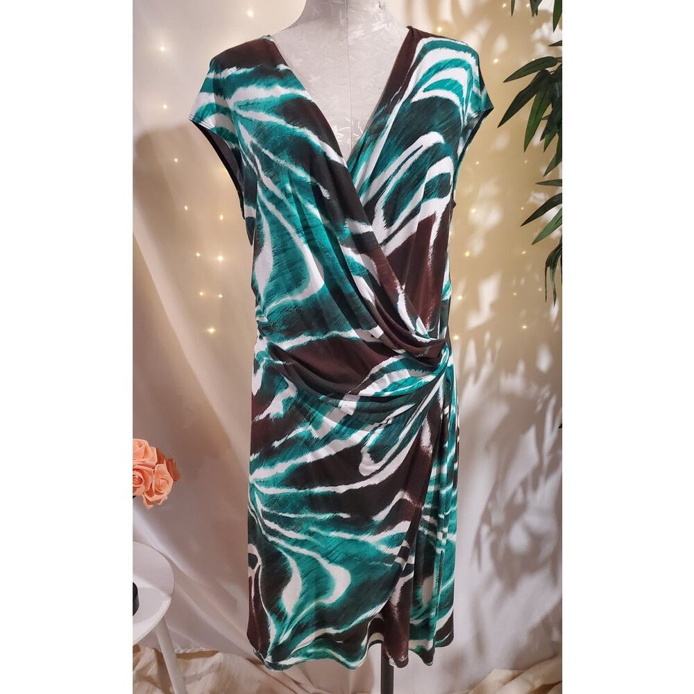 Tommy Bahama Faux Wrap V-Neck Jersey Stretch Dress Size L Abstract Swirl Print